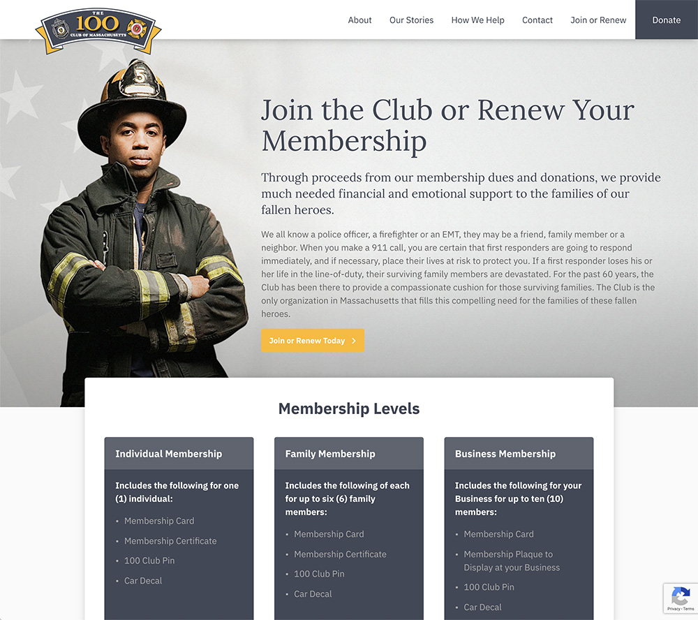 Membership page designed in WordPress for non-profit 100 Club