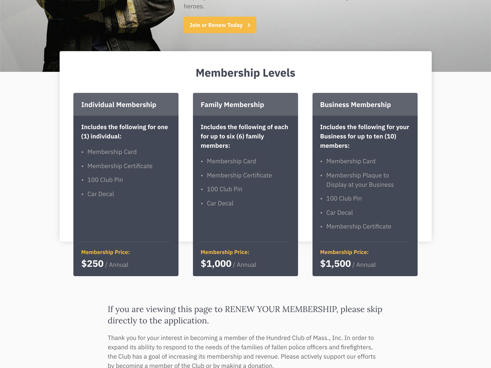 Multi-tiered membership and donation levels page