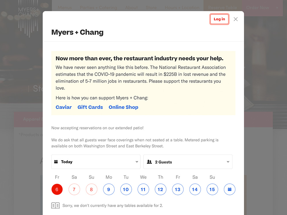 Online reservation system integration for Boston's Myers and Chang