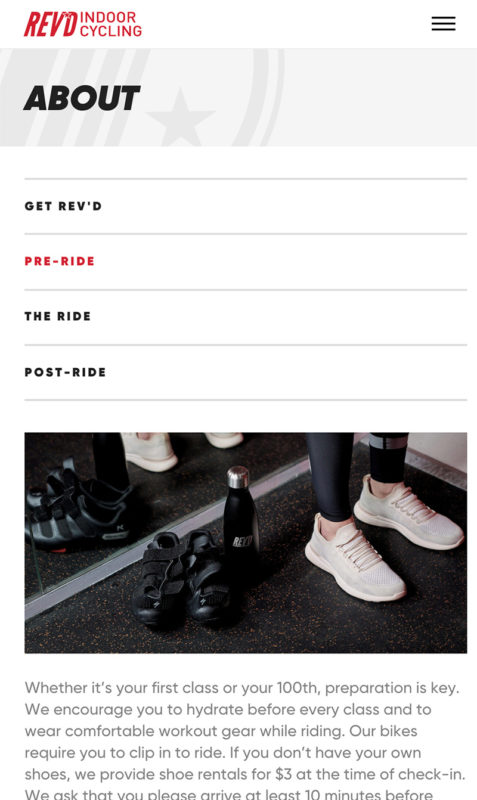 Mobile menu design for spin cycle studio
