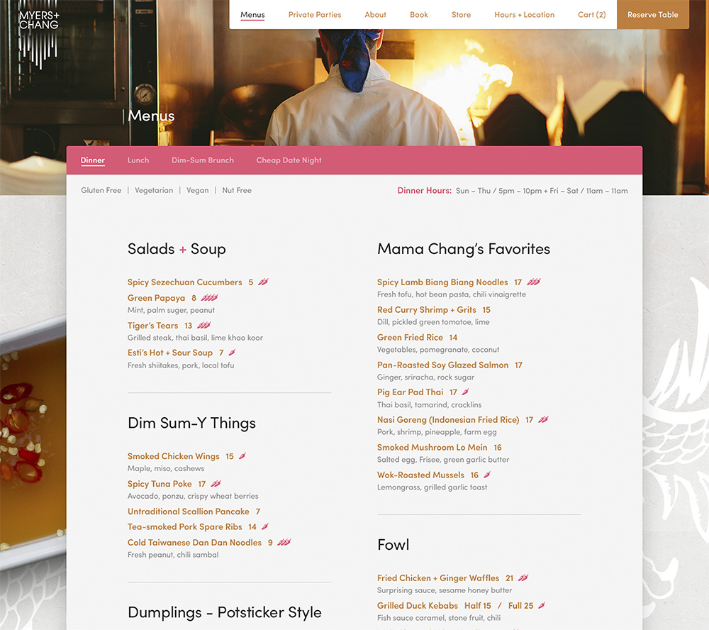 Restaurant website menu design for Boston's Myers and Chang