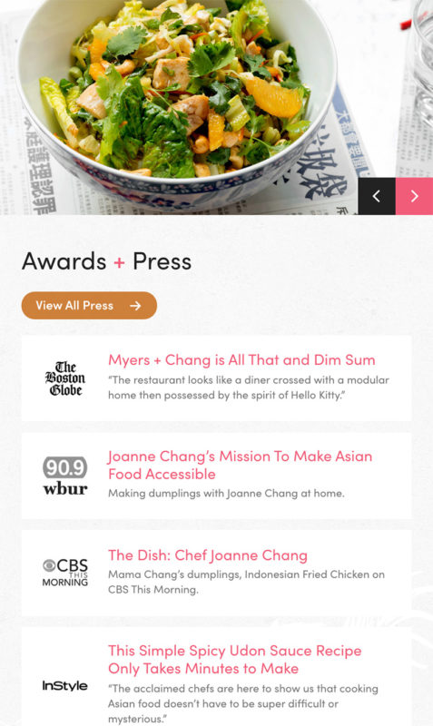 Restaurant mobile responsive website design for Boston's Myers and Chang