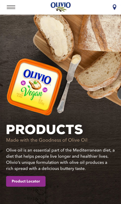 Consumer and packaged goods website design for Boston's Olivio Products