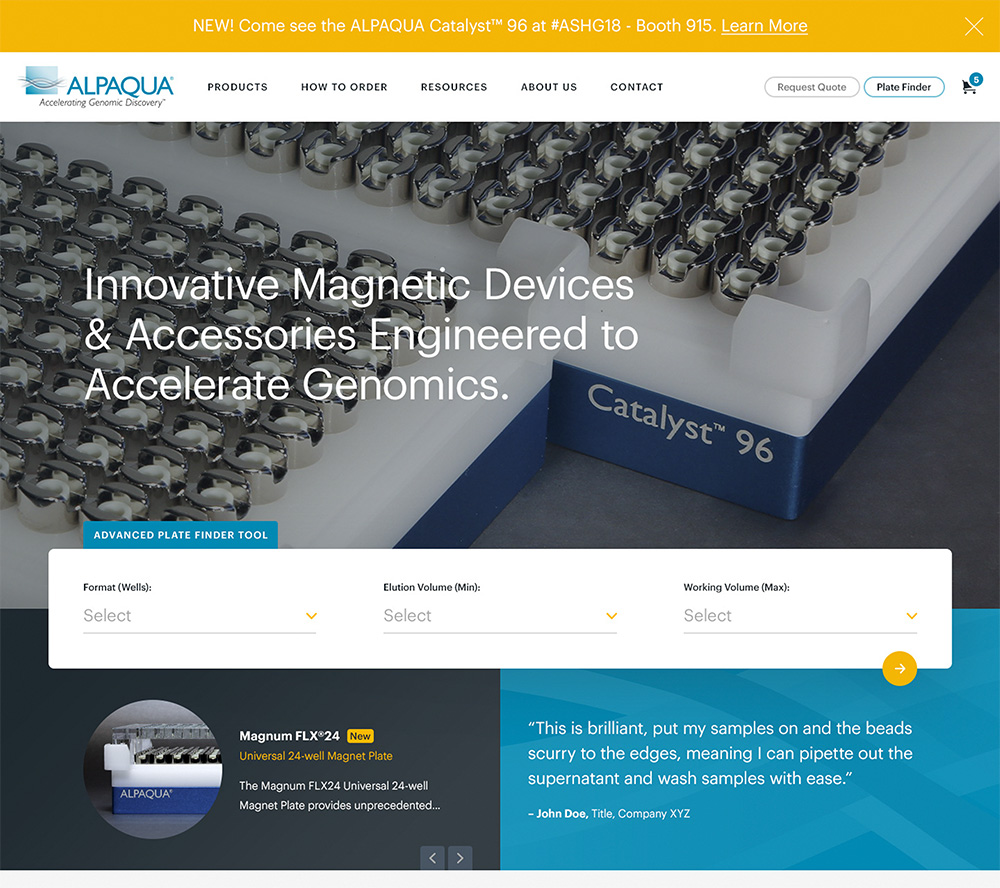 Life sciences and technology website design for Alpaqua