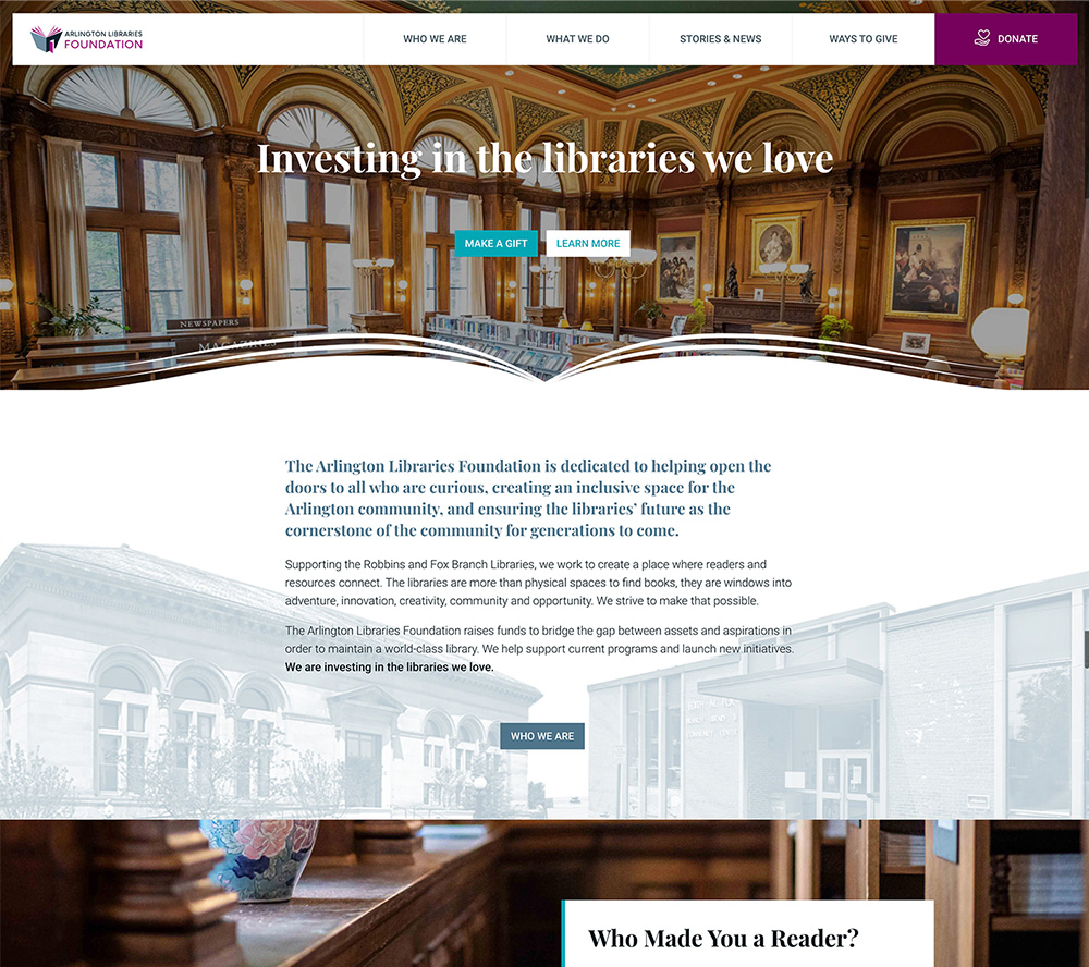 Custom website design for the Arlington Libraries Foundation.