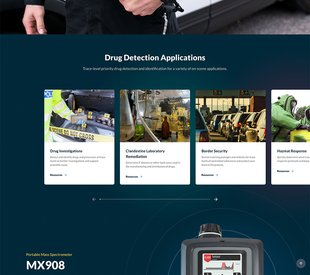 Applications page design for mass spectrometry instruments maker 908 Devices.