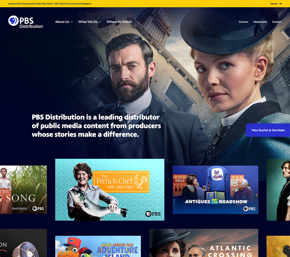 Home page design for digital media distributor PBS Distribution.